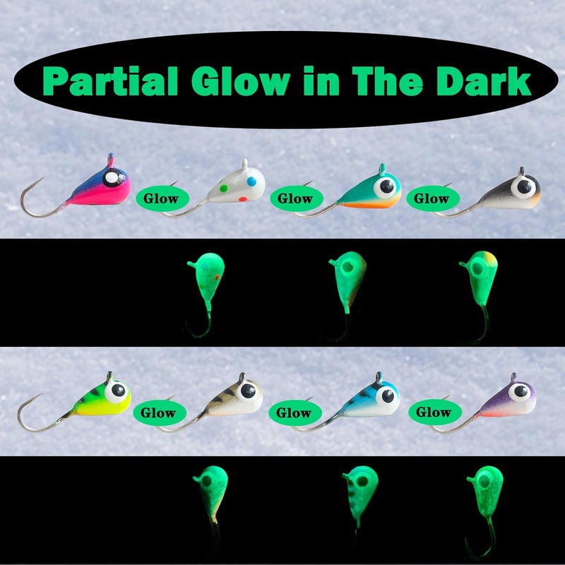 FISHCORNER 8pcs Tungsten Ice Fishing Jigs Set Sensitive Tear Drop Ice Fishing Jig Head Glow in Dark Ice Fishing Lures for Panfish Crappie Bluegill Walleye - Image 4